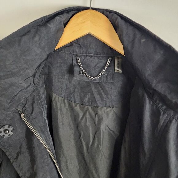 Black Hooded Trench Coat Lightweight Zip up Jacket Windbreaker Roll-tab Sleeve - Picture 10 of 16